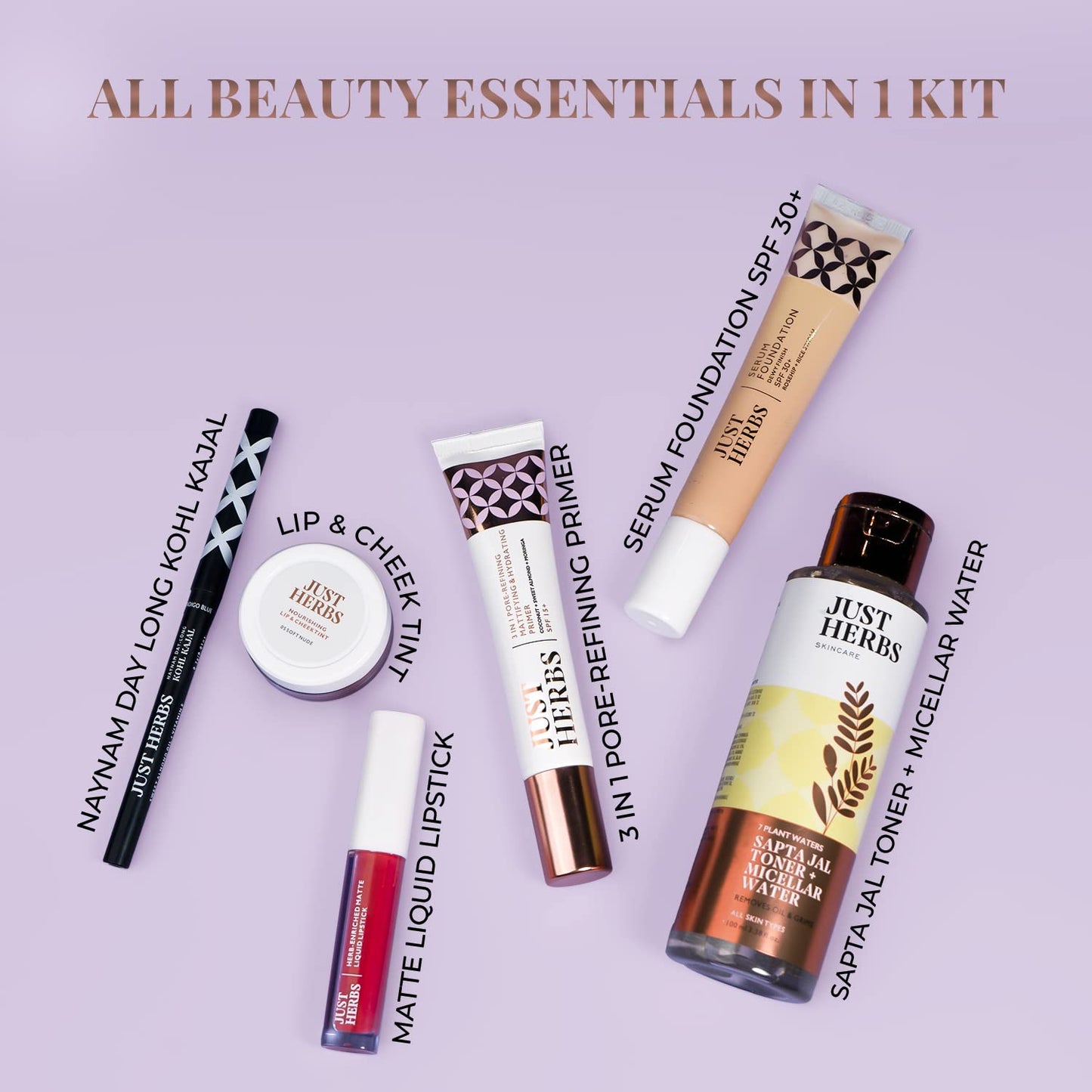 Just Herbs Makeup Kit for Women with Kohl Kajal, 3 in 1 Primer, Liquid Lipstick, Serum Foundation SPF 30+, Saptajal Makeup Removal Toner and Lip & Cheeck Tint (Gift Set)