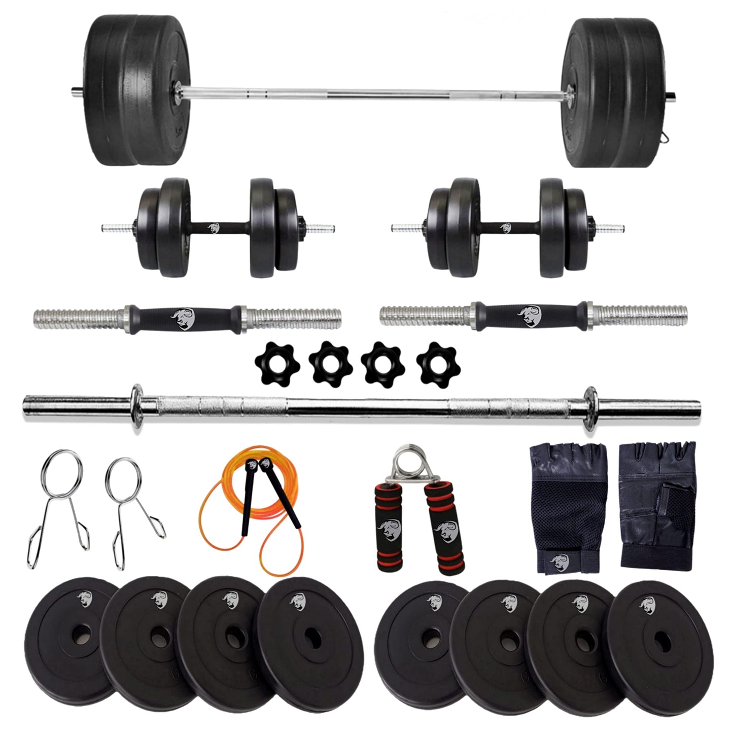 BULLAR Home Gym Set, 8kg to 20kg with 3 Straight Curl Rod and 2 Dumbbell Rods, Gym Combo, and Home Workout Equipments with PVC Weights Plates (16kg Set)